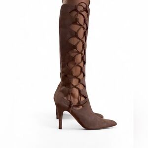 Giuseppe Zanotti Gladiator Lace Up Knee High Suede Heels Taupe 6.5 Rare Y2K